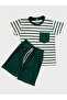 Boy's 100% Cotton Green and White Striped Pocket Waffle Fabric Short Sleeve Shorts Summer Suit - 2