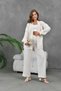 Women's Embroidered Back and Sleeves Pearl Detailed Linen Kimono Jacket and Trousers Top and Bottom Set - 3