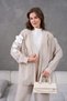 Women's Embroidered Back and Sleeves Floral Accessory Linen Kimono Jacket and Trousers Top and Bottom Set - 3
