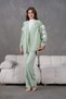 Women's Embroidered Back and Sleeves Floral Accessory Linen Kimono Jacket and Trousers Top and Bottom Set - 3