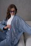 Women's Front Sequin Embroidered Stone and Pearl Detailed Denim Kimono Cardigan and Denim Trousers Top and Bottom Set - 6