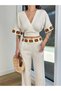Women's Ecru Ethnic Patterned Linen V-Neck Crop Blouse Pants Set Tl-100045632