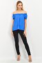 Women Off Shoulder Neckline Short Sleeves Plain Tops, Blue - 3
