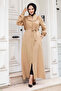 Camel hijab abaya with ruffle detail and zipper front tsd240510 - 3