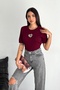 Women's Burgundy Standard Size Heart Stone Accessory Detailed Short Sleeve Cotton Slim Stone Knitwear Blouse - 5