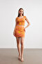 Women's Orange Jacquard Fabric Square Neck Crop Mini Skirt Suit - 4