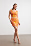 Women's Orange Jacquard Fabric Square Neck Crop Mini Skirt Suit - 3