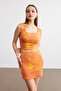 Women's Orange Jacquard Fabric Square Neck Crop Mini Skirt Suit - 6