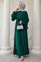 Stone Embellished Emerald Green Dress with Ruffled Sleeves