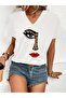 Women's V-Neck White Black Printed Oversized Loose T-Shirt