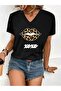 Women's Black and White V-Neck T-Shirt Printed Leopard Oversize Casual
