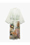 Viscose - Cotton Fabric Belt Detailed Patterned Long Kimono - 3