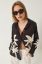 Women's Black Beige Palm Embroidered Long Sleeve Linen Shirt 60283017 - 4