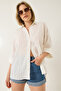 Women's White Jacquard Half Sleeve Loose Shirt 60283201 - 2