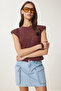 Women's Brown Padded Asymmetrical Knitted Blouse Cr00480 - 2
