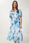 Women Blue White Floral Pattern Flounces Summer Chiffon Dress Ci00115 - 3
