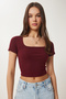 Kadın Bordo Basic Crop Örme Bluz FW00007 - 2