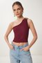Women's Burgundy One Shoulder Buckle Ribbed Crop Blouse Kh00096 - 2