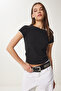 Women's Black Bone Contrast Color Knitted T-Shirt Ub00369