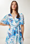 Women Blue White Floral Pattern Flounces Summer Chiffon Dress Ci00115 - 5