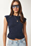 Women's Navy Blue Padded Asymmetrical Knitted Blouse Cr00480