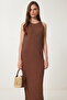 Women's Brown Basic Ribbed Midi Knitted Dress Wo00049 - 3