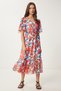 Women Orange Blue Floral Pattern Flounces Summer Chiffon Dress Ci00115