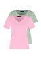 Pembe-Mint %100 Pamuk 2'li Paket Basic V Yaka Örme T-Shirt TWOSS23TS00002 - 5