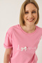 Women's Pink Love Printed Ribbon Detailed Regular Fit Cotton T-Shirt 60283208 - 3