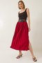 Women's Burgundy Double Belted Pleated Long Skirt with Slit Detail 7167 60283219