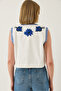 Women's White Navy Blue Embroidered Linen Vest with Tie Detail 290 60283214 - 8