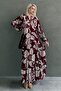 Burgundy Patterned Button Long Sleeve Dress Mg2397