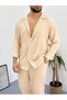 Beige Men's Summer Crinkle Lycra Fabric Long Sleeve Shirt Tracksuit 2 Piece Wrap Suit - 5