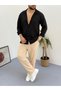 Black Beige Men's Summer Crinkle Lycra Fabric Long Sleeve Shirt Tracksuit 2-Piece Wrinkled Set - 3