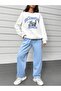 Los Angeles Motor Tracksuit Set White Sweatshirt Baby Blue Jogger - Printed Oversize Crew Neck - 5