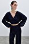 Sequined Double-Breasted Blouse - Navy Blue