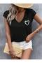 Women's Heart Printed V-Neck Loose Oversize T-Shirt - 4