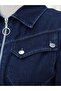Half Zipper Tunnel Lace up Elastic Sleeve Denim Dress - Navy - 5
