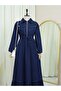 Half Zipper Tunnel Lace up Elastic Sleeve Denim Dress - Navy - 3