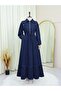 Half Zipper Tunnel Lace up Elastic Sleeve Denim Dress - Navy - 2