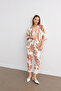 Women's Camel-White Floral Patterned Kimono Shirt Pants Set - 6