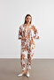 Women's Camel-White Floral Patterned Kimono Shirt Pants Set - 2