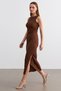 Women's Brown Maxi Length Slit Waist Shirring Detail Crinkle Dress