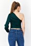 Women Asymmetrical One Shoulder Sleeve Plain Top, Green - 4