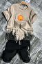 Boy's Tree and Sun Printed T-Shirt Text Detailed Beige Shorts Suit