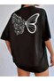 Oversized Black T-Shirt for Women, Intricate White Floral Butterfly Design - 2