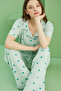 Green Heart Printed Ribbed Camisole Knitted Buttoned Shirt Collar Pajama Set