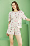 Beige Heart Printed Ribbed Camisole Knitted Shorts Set