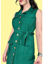 Polo Collar Premium Front Button Green Linen Dress - 3