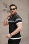 Black Striped and Zipper Detailed Polo Collar Knitwear Short Sleeve T-Shirt 2512 - 2